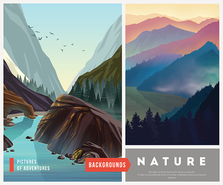 Set of nature landscape backgrounds with silhouettes of mountains and trees. Vector Illustration