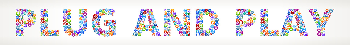 Plug-And-Play Future and Futuristic Technology Vector Buttons. This royalty free vector illustration features a word made up of education and e-learning buttons of various sizes and colors. Each button features an icon in white and the buttons form a seamless pattern to make up each letter and word. The background of the image is light with a slight gradient. The word is conceptual in nature and include such classic educational icons as school, laptop computer, graduation cap, microscope, students studying and many more. The buttons are red, blue, green, orange in color and the image is very vibrant.