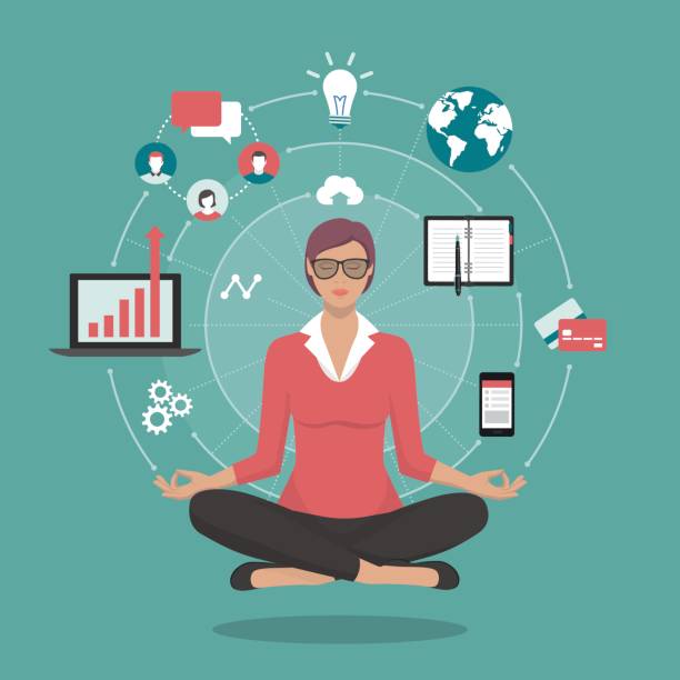 ilustraciones, imágenes clip art, dibujos animados e iconos de stock de meditación práctica empresaria - worklife balance