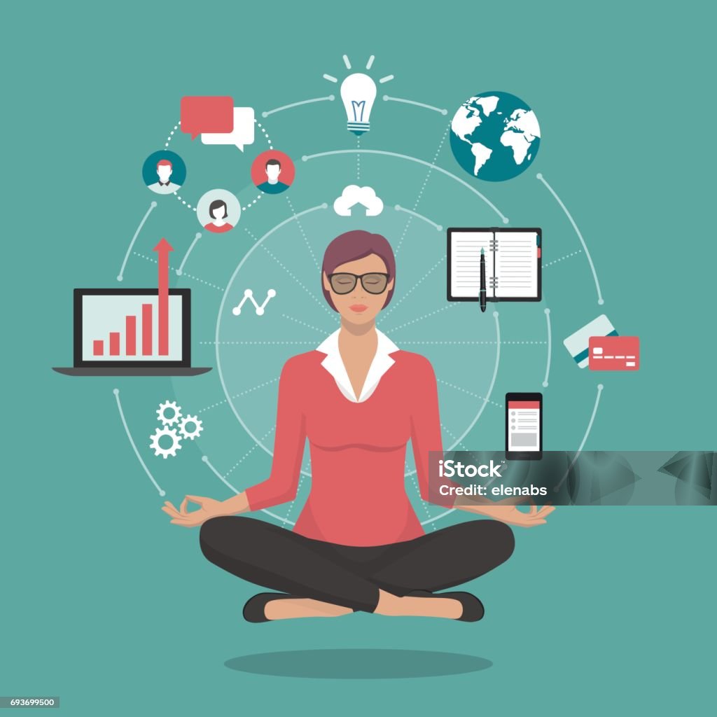 Businesswoman practicing meditation Businesswoman practicing mindfulness meditation, she is clearing her mind, releasing stressful toughts and expressing her potential; yoga and self consciousness concept Multi-Tasking stock vector