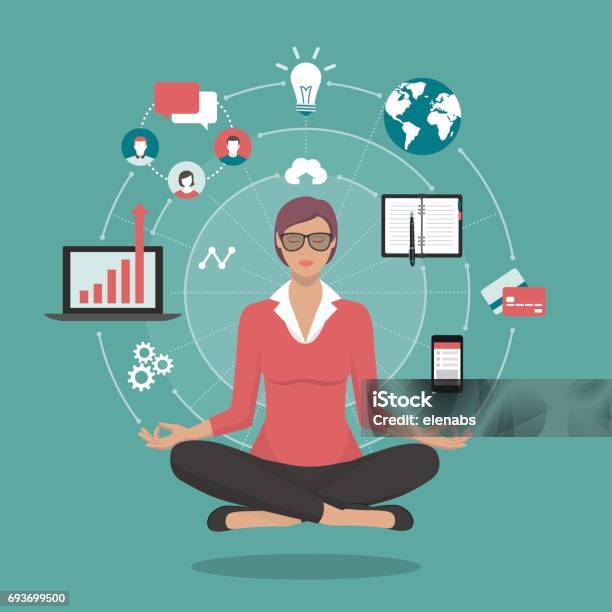 Businesswoman Practicing Meditation Stock Illustration - Download Image Now - Multi-Tasking, Women, Wellbeing