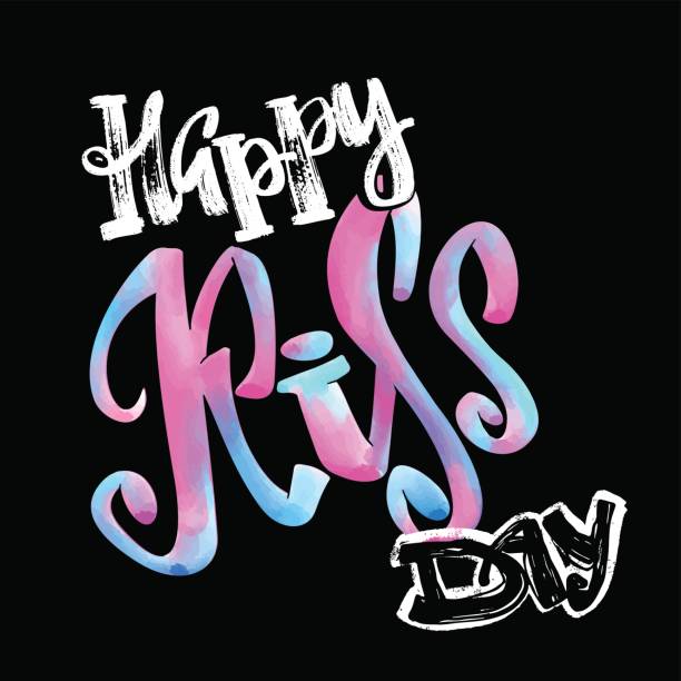 Happy kiss day calligraphic watercolor lettering poster. Happy kiss day calligraphic lettering poster.Modern dry brush ink artistic print. Handdrawn trendy design with authentic and unique scrapes, watercolor blotted background. kissing on the mouth stock illustrations