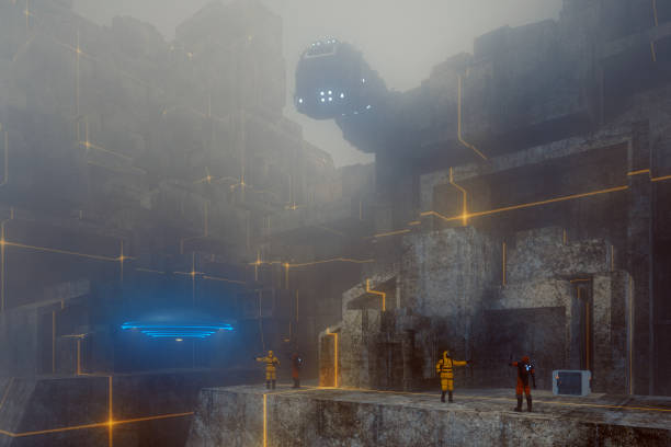 istock Futuristic sci-fi city at fogy night 693734280