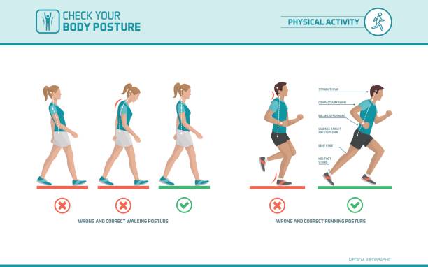 The correct walking and running posture The correct walking and running posture: body ergonomics, sports and health infographic posture stock illustrations