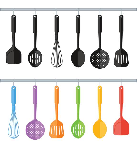 Black and colorful plastic kitchen utensils isolated on white background. Black and colorful hanging plastic kitchen utensil set. Flat concept illustration of cooking tools. Vector cook equipment collection. Group of kitchenware appliances isolated on white background. egg beater stock illustrations