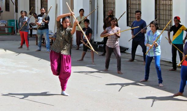 artist conduct workshop of silambam,ancient martial art form, in hyderabad literary festival 2017 - literary artist imagens e fotografias de stock