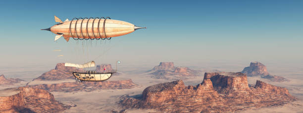 istock Fantasy airship over a desert 693741150