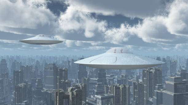 istock Flying saucers over a big city 693741246