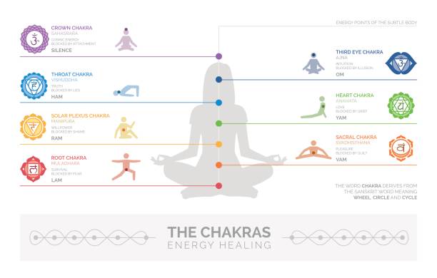 ilustraciones, imágenes clip art, dibujos animados e iconos de stock de chakras y sanación energética - chakra