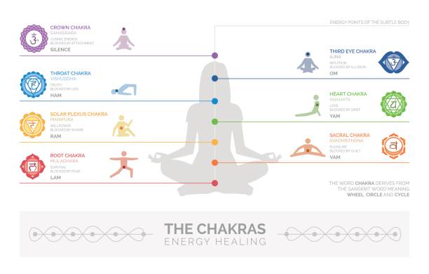 Chakras and energy healing Chakras, energy healing and yoga infographic: meditation and spirituality concept chakra stock illustrations