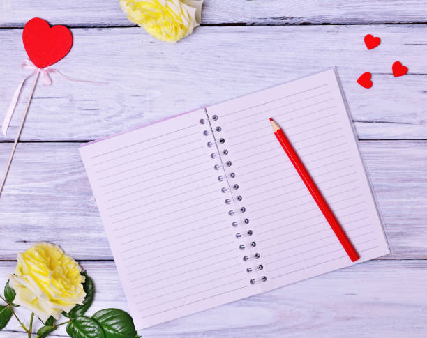 istock Open blank notebook and red wooden pencil 693745630