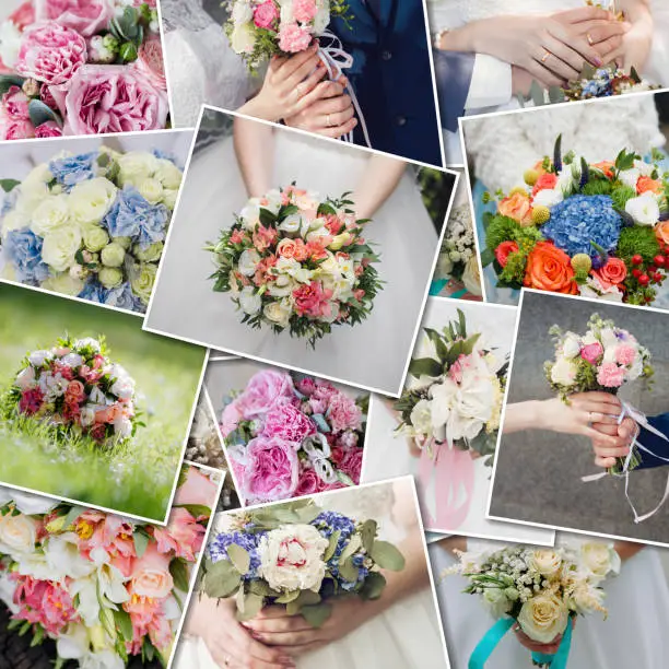 Photo of Collage set wedding bouquets. Wedding ceremony and fresh flowers in hands of bride. Collection of beautiful wedding bouquets