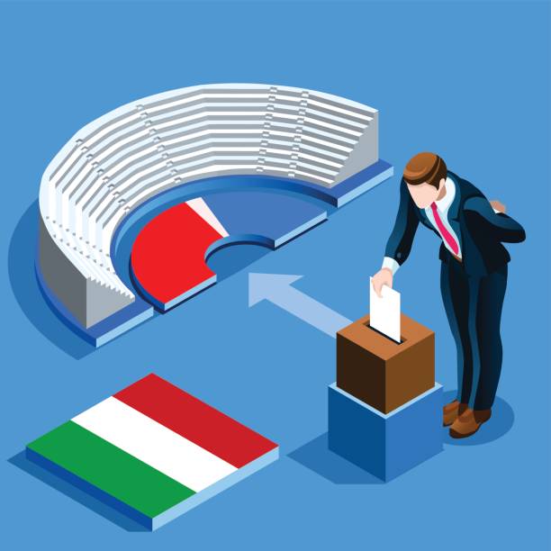 ilustraciones, imágenes clip art, dibujos animados e iconos de stock de italia elecciones pueblo italiano voto en urnas isométrica - italy voting politics political party