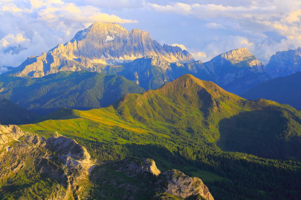 Mount Civetta from Idyllic Lagazuoi summit panorama, Cinque Torri Dolomites, pinnacles mountain range, dramatic sky and majestic Italy tirol alps