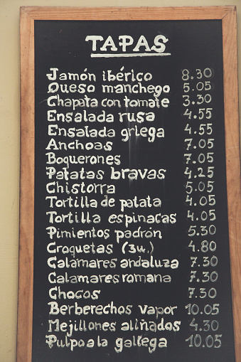 Tapas menu on the street of Spain
