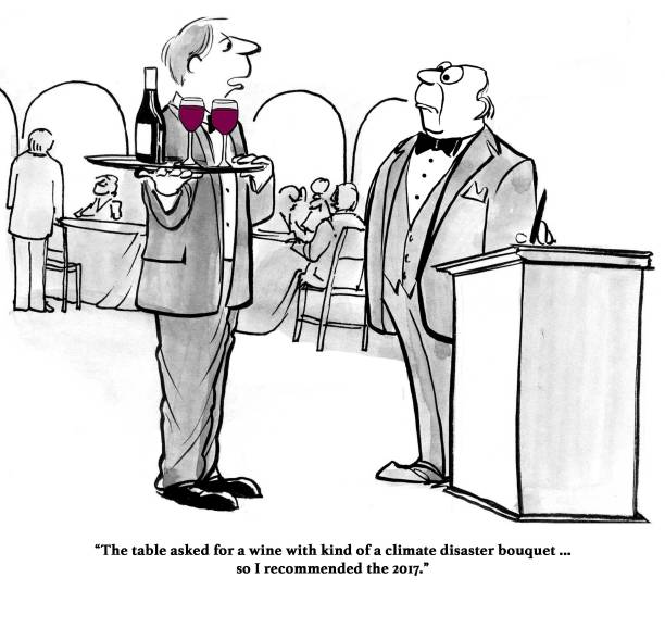Climate Disaster Wine Political cartoon about withdrawing from the Paris Climate Agreement so serving wine from 2017. political joke stock illustrations