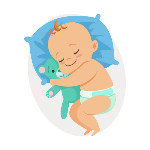 stockillustraties, clipart, cartoons en iconen met lieve kleine baby slapen in zijn bed en knuffelen teddybeer, kleurrijke cartoon karakter vector illustratie - jongen peuter eten