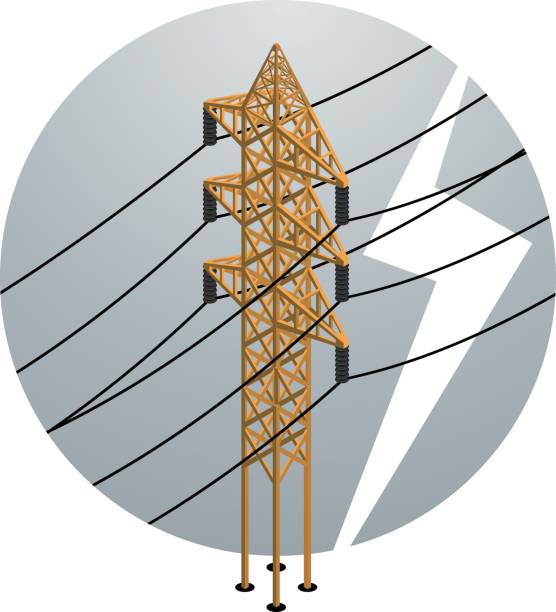 ilustraciones, imágenes clip art, dibujos animados e iconos de stock de pilón de electricidad isométrica - isometric power line electricity electricity pylon