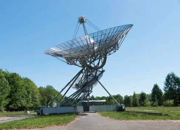 An row of radio telescopes in westerbrok in the Netherlands
