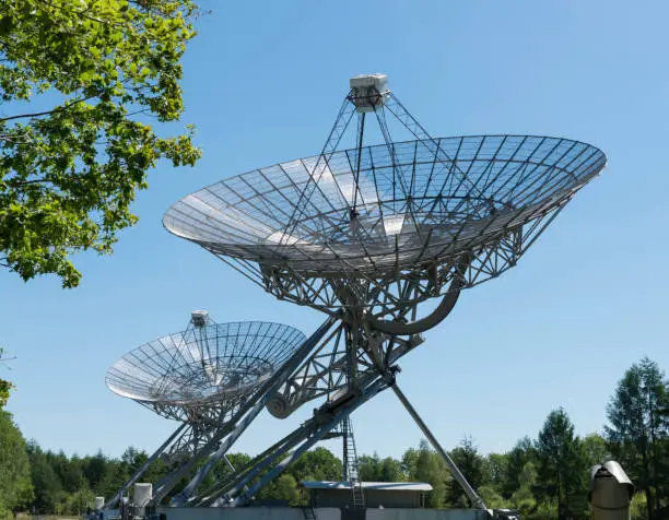 An row of radio telescopes in westerbrok in the Netherlands