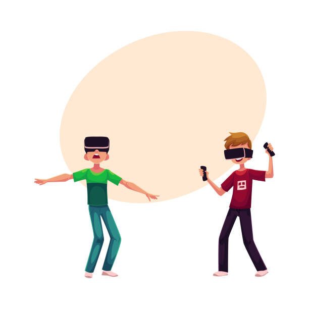 zwei jungen tragen virtual-reality-headsets, simulatoren, zusammen zu spielen - child glasses white background eyesight stock-grafiken, -clipart, -cartoons und -symbole
