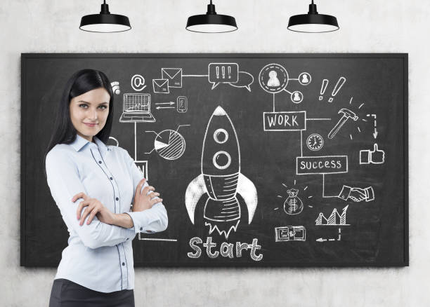 istock Woman with crossed hands and rocket sketch 693767992