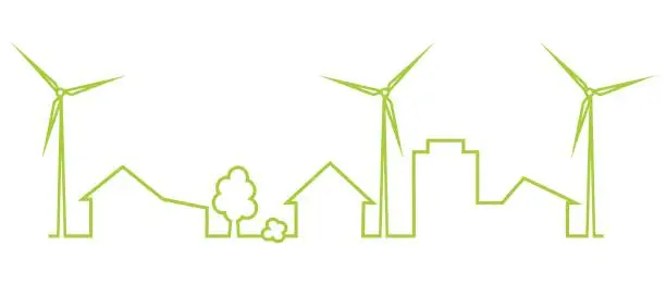 Vector illustration of town and wind power plant, vector icon,silhouette