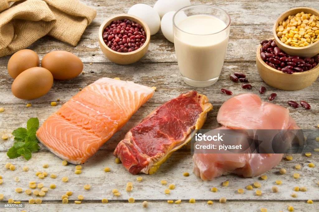 Protein foods Appetizer of protein foods on table Fish Stock Photo