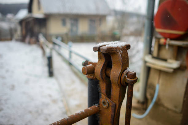 Old rusty table vises for handwork on metal and wood.
