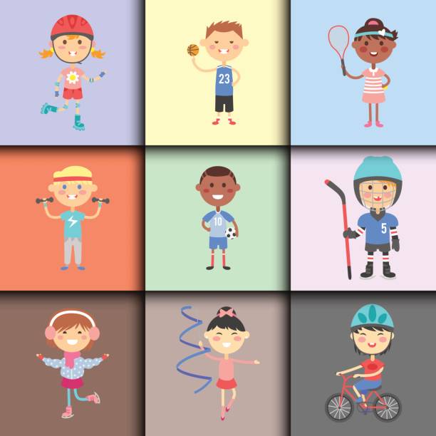 ilustrações de stock, clip art, desenhos animados e ícones de young kids sportsmens future roller skates gymnastics children sport players vector illustration - ice hockey roller hockey child childhood