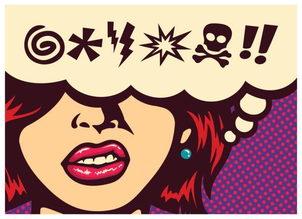 ilustraciones, imágenes clip art, dibujos animados e iconos de stock de pop art cómic panel con burbujas de discurso con el vector de símbolos grosería y dientes pulido mujer enojada - irritación