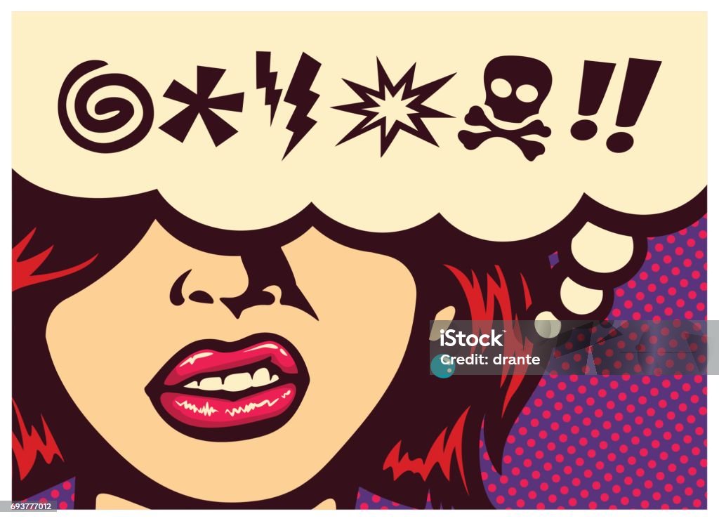 Pop art comic book panel with angry woman grinding teeth and speech bubble with swear word symbols vector Pop art style comics panel angry woman grinding teeth with speech bubble and swear words symbols vector illustration Swear Word stock vector