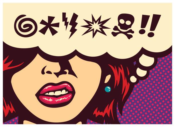 Pop art comic book panel with angry woman grinding teeth and speech bubble with swear word symbols vector Pop art style comics panel angry woman grinding teeth with speech bubble and swear words symbols vector illustration grimacing photos stock illustrations