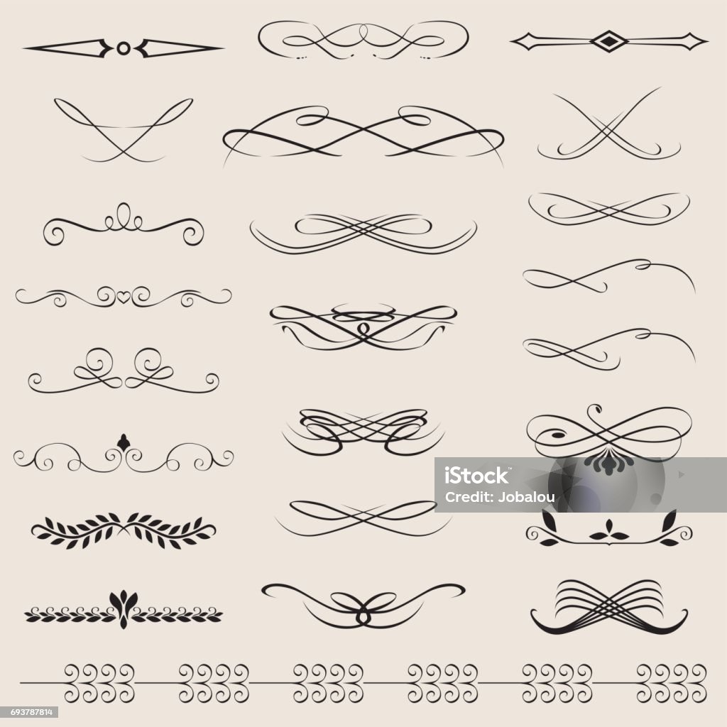 Flourish Border Dividers Elements Set full of design elements: labels, borders, frames, Calligraphic elements, Scroll shapes, etc. Filigree stock vector