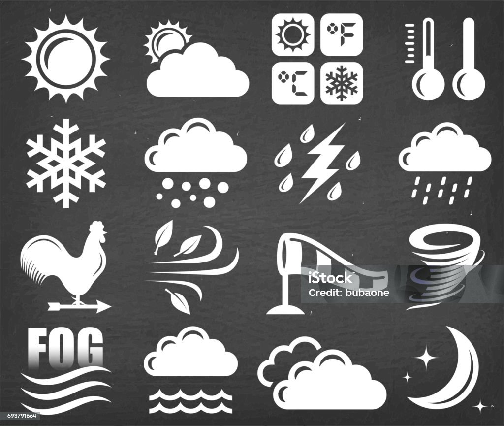 Weather Vector Icon Set on Black Chalkboard Weather Vector Icon Set on Black Chalkboard. This royalty free vector illustration features Weather Vector Icon Set on Black Chalkboard. Each 100% vector design element can be used independently or as part of this royalty free graphic set. The blackboard has a slight texture. Chalk Drawing stock vector