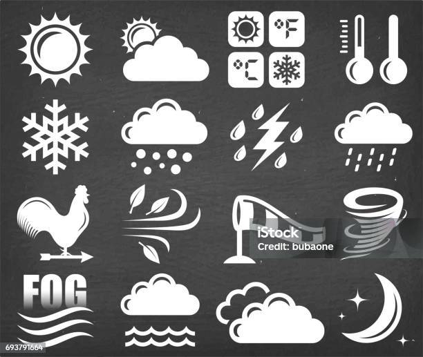 Weather Vector Icon Set On Black Chalkboard Stock Illustration - Download Image Now - Chalk Drawing, Icon Symbol, Lightning