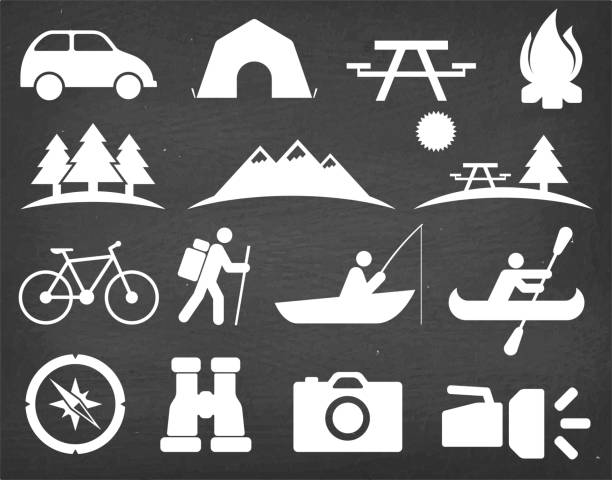 ilustrações de stock, clip art, desenhos animados e ícones de summer camping and hiking on black chalkboard vector icon set - human powered vehicle flash