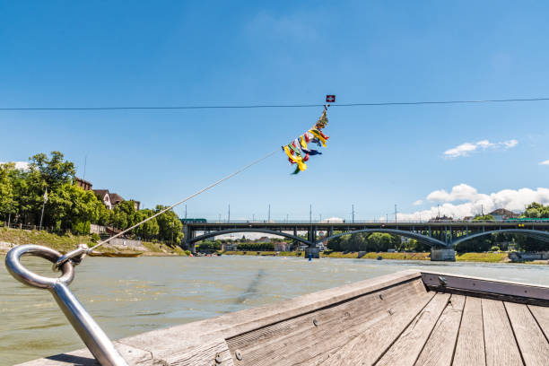 Ferry with colourful bunting over the Rhine River in Basel, Switzerland