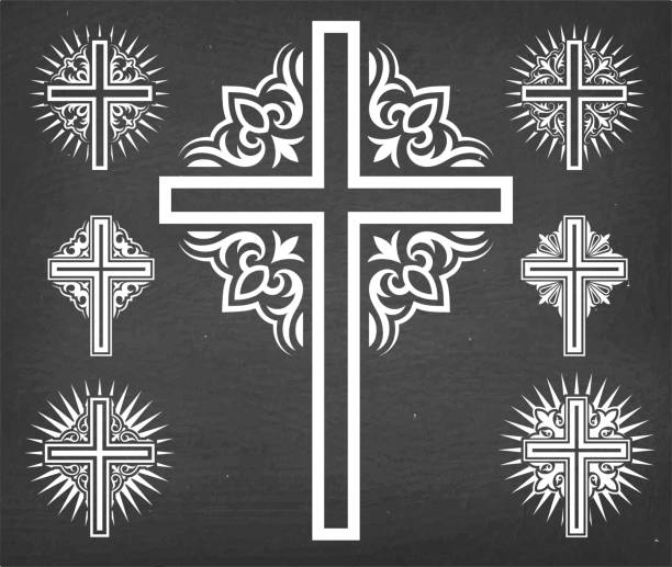 illustrazioni stock, clip art, cartoni animati e icone di tendenza di vettore croci religiose christaiane impostato sulla lavagna nera - cross ornate catholicism cross shape