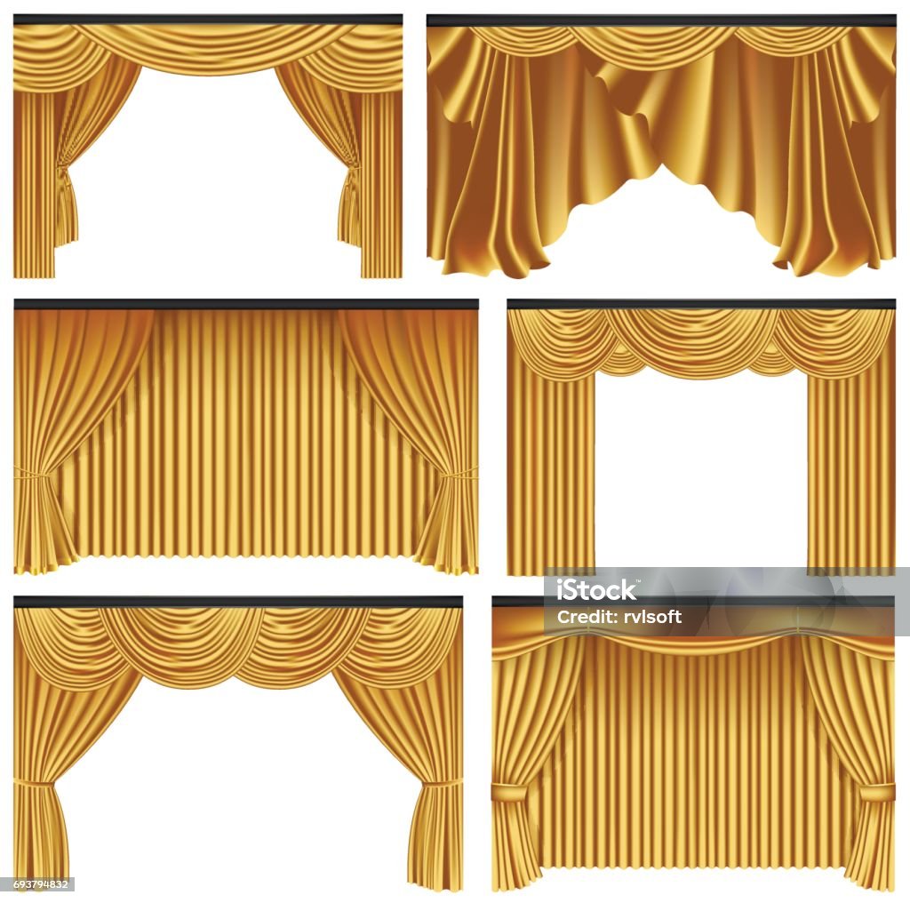Set of gold luxury curtains and draperies Set of gold luxury curtains and draperies on white background, realistic vector illustration Curtain stock vector
