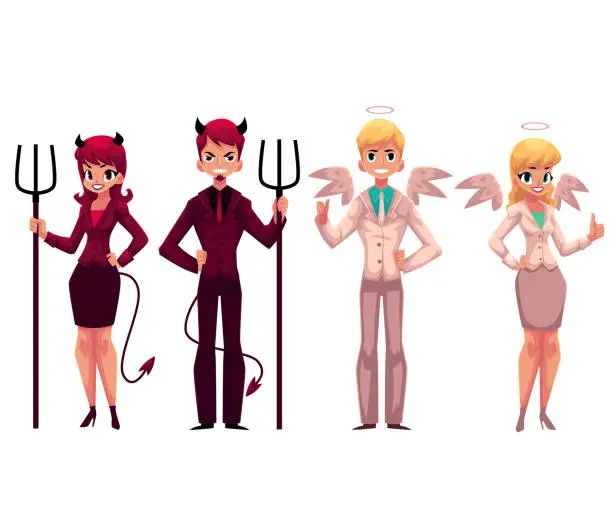 Vector illustration of Set of male, female angels and devils in business suits