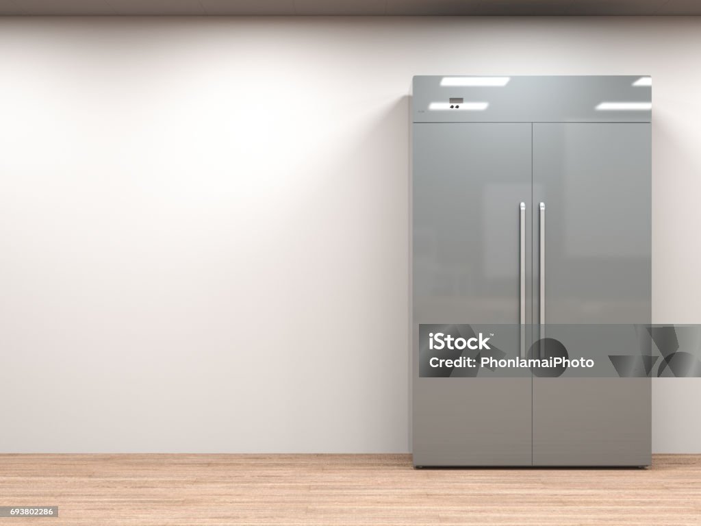 fridge with side by side doors in empty room 3d rendering fridge with side by side doors in empty room Door Stock Photo