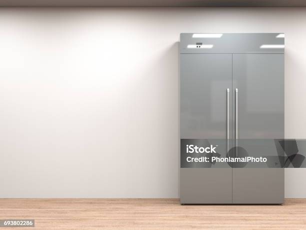 Fridge With Side By Side Doors In Empty Room Stock Photo - Download Image Now - Door, Freezer, Refrigerator