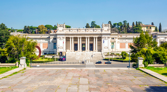 front view of Galleria Nazionale d'Arte Moderna (GNAM, National Gallery of Modern Art) art gallery, founded in 1883, in Villa Borghese public gardens in Rome city