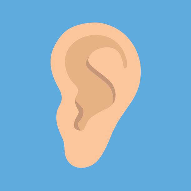 Listen symbol isolated on blue background Ear icon in flat style isolated on blue background. Part of body symbol stock vector illustration. Listen, hearing, sound icon ear stock illustrations