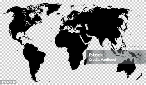 Black Detailed World Map Isolated On Transparent Background Stock Illustration - Download Image Now