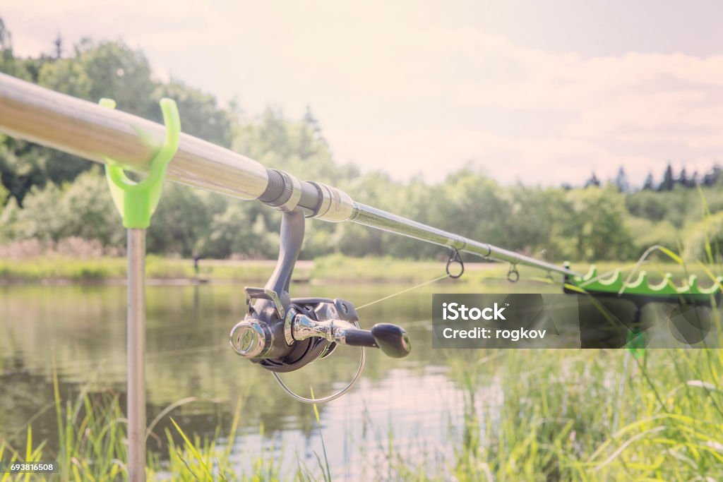The fishing-rod standing on a support thrown in water for fishing. 2017 Stock Photo