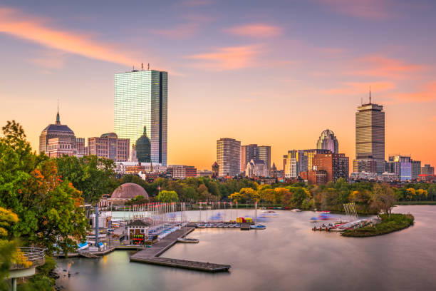 Boston, Massachusetts, USA Boston, Massachusetts, USA skyline. boston skyline night skyscraper stock pictures, royalty-free photos & images