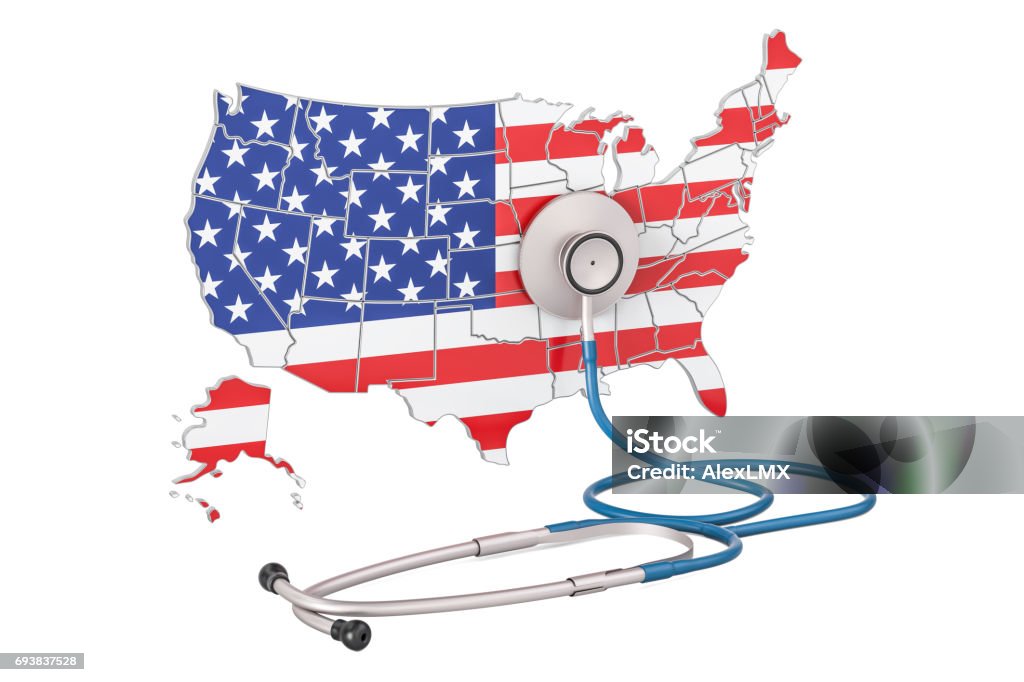 USA map with stethoscope, national health care concept, 3D rendering Healthcare And Medicine Stock Photo