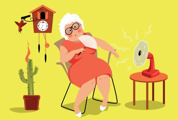 Heat exhaustion danger Mature woman sitting in her house in a very hot summer day, suffering a heat exhaustion,  EPS 8 vector illustration, no transparencies heatwave stock illustrations